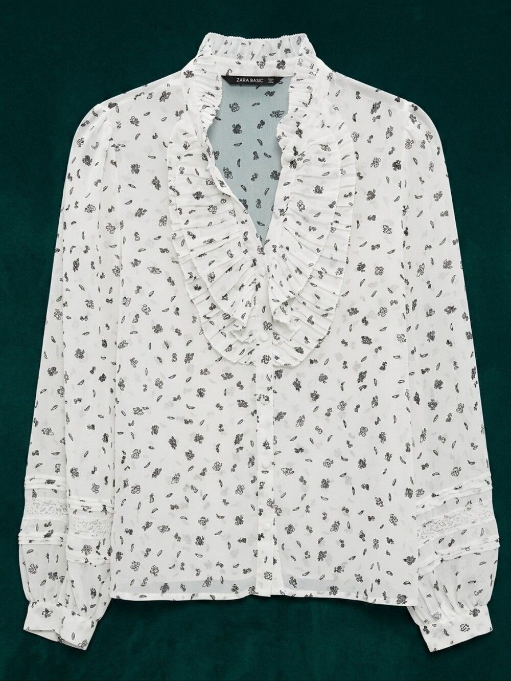 Zara White Sheer Cottagecore Blouse with Black Floral and Ruffle Collar - Sz SM